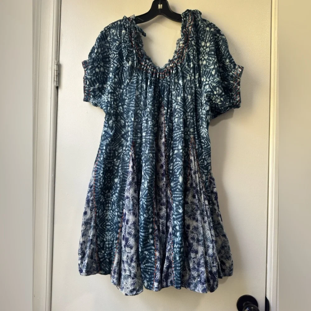 Free People Jet Set Mini Dress Blue Indigo Boho Off Shoulder Abstract